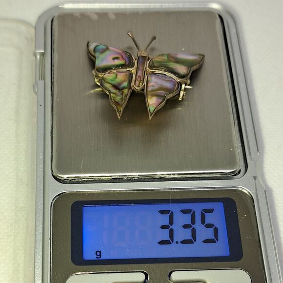 Vintage inlay abalone shell  butterfly brooch miss stamped 1.5" x 1.5" - Picture 6 of 6